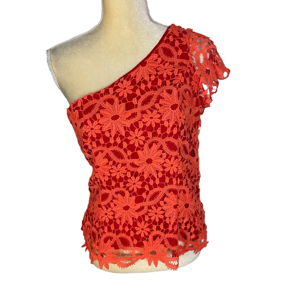 Devlin Lacy Boho Crochet One Shoulder‎ Top Orange Size Large